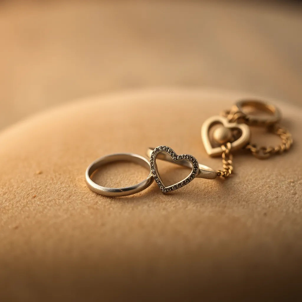 Retro heart rings with heart-shaped settings on vintage velvet under warm soft light