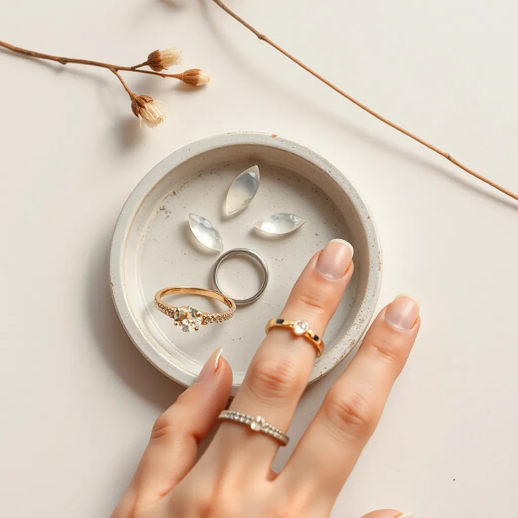 Minimal metal rings with simple designs arranged on a jewelry tray in soft daylight