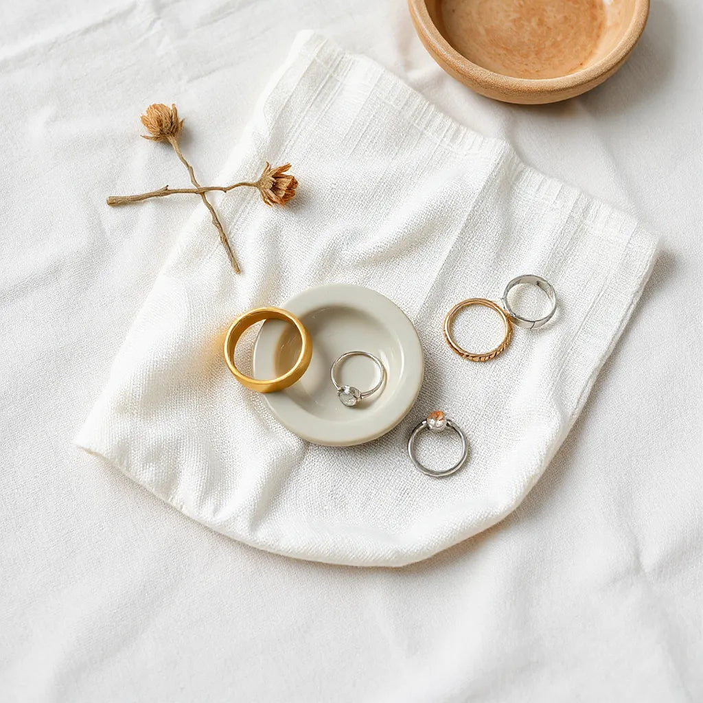 Assorted minimalist gold and silver fashion rings arranged on soft linen under natural light