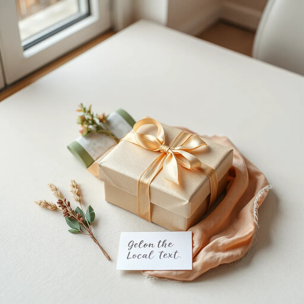 Elegant wrapped gift with ribbon and a small accessory on a neutral background