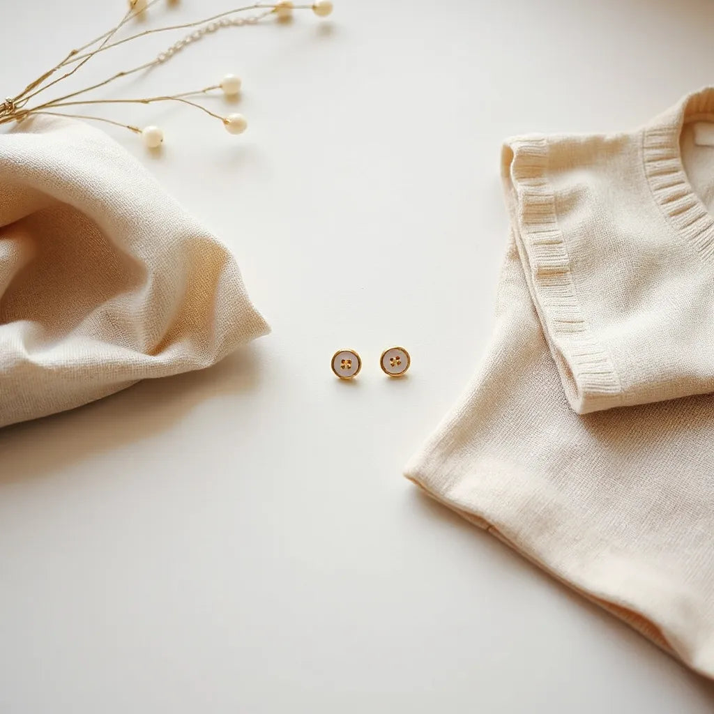 Pair of minimalist round button earrings on a neutral fabric with soft natural lighting