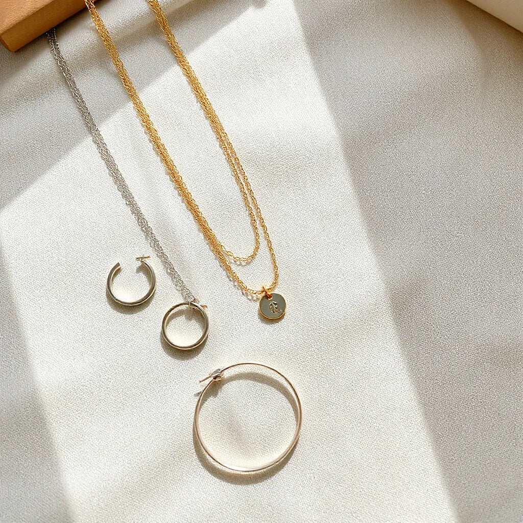 Layered gold and silver fashion jewelry set with earrings, necklace, bracelet, and ring on neutral fabric