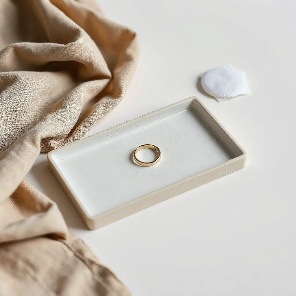 Minimal simple style ring on a neutral tray with soft daylight and clean, uncluttered styling