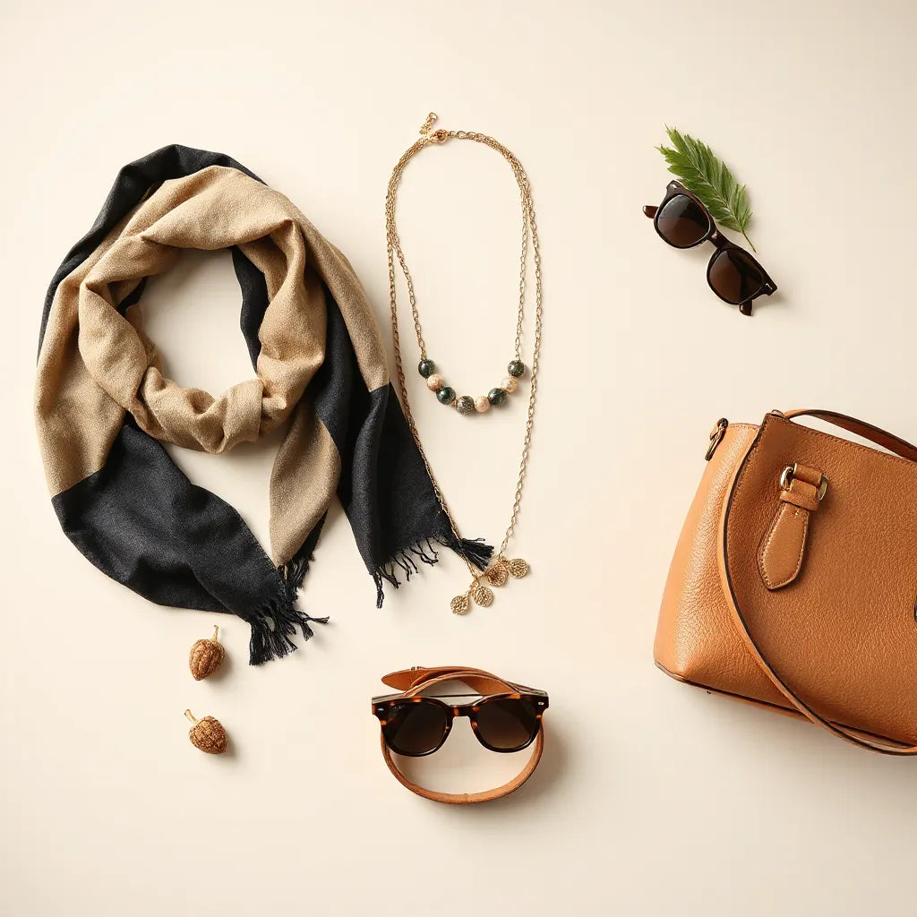 Neatly arranged fashion accessories including scarf, necklaces, handbag, belt, and sunglasses on a neutral background
