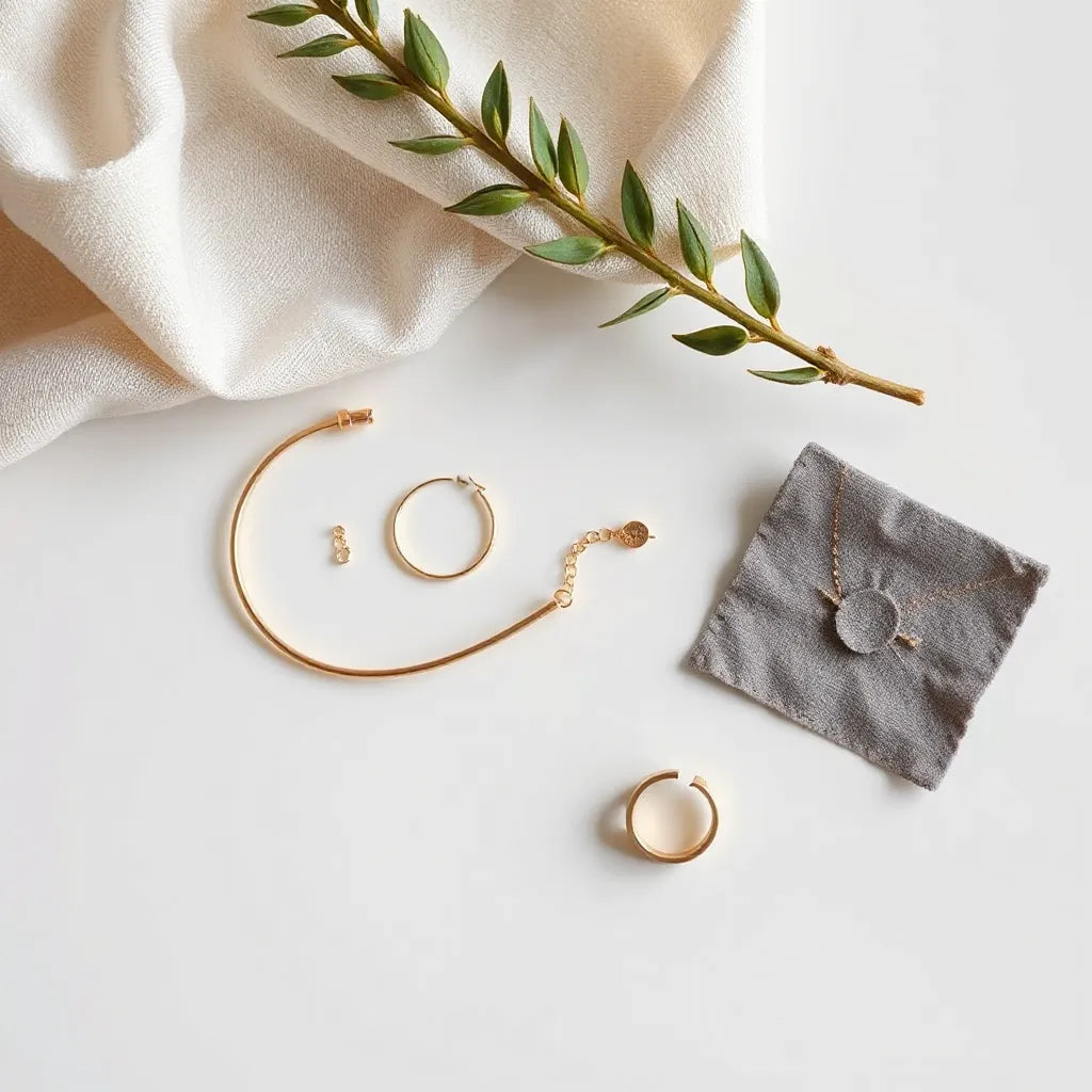 Gold-tone bracelet, hoop earrings, pendant necklace, and ring arranged on a neutral background