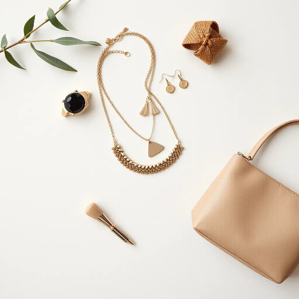 Curated set of unique fashion accessories on a neutral background, including ring, earrings, necklace, and small bag.