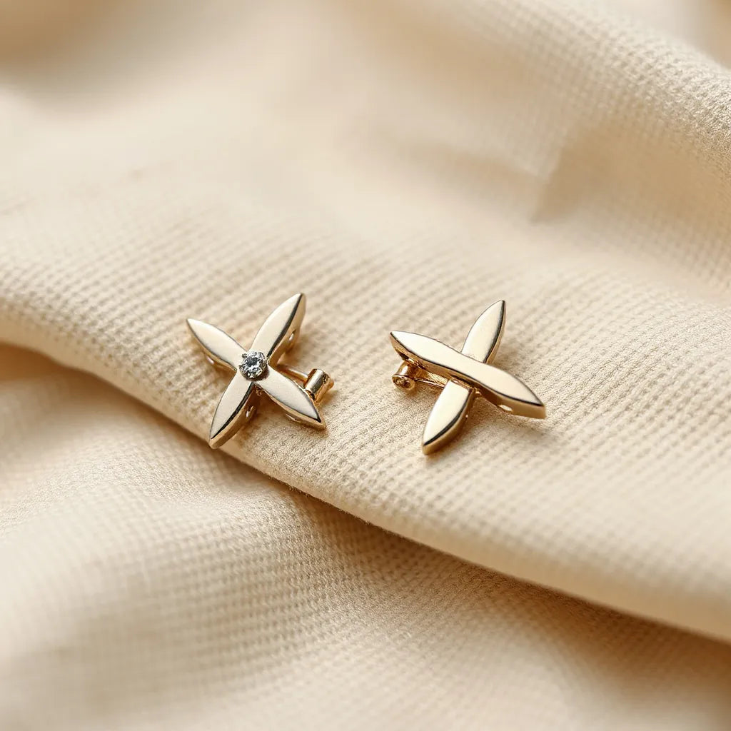 Two cross-border ear clips displayed on neutral fabric with subtle lighting and visible clip hardware