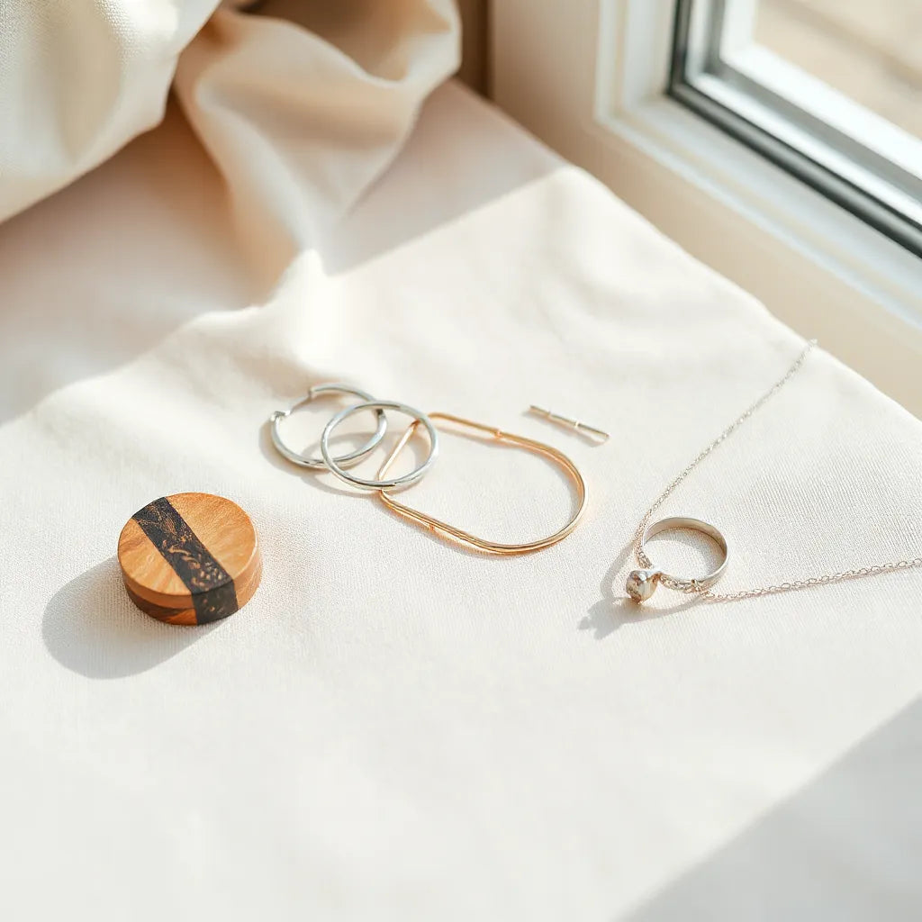 Minimal modern jewelry accessories arranged on a neutral tabletop in soft window light