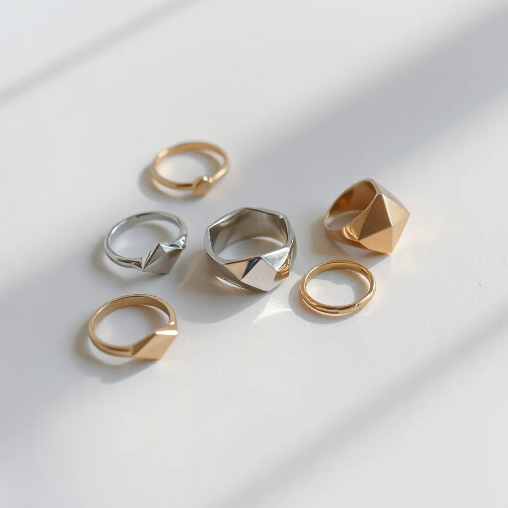 Minimal geometric rings with angular designs in gold and silver on a neutral surface