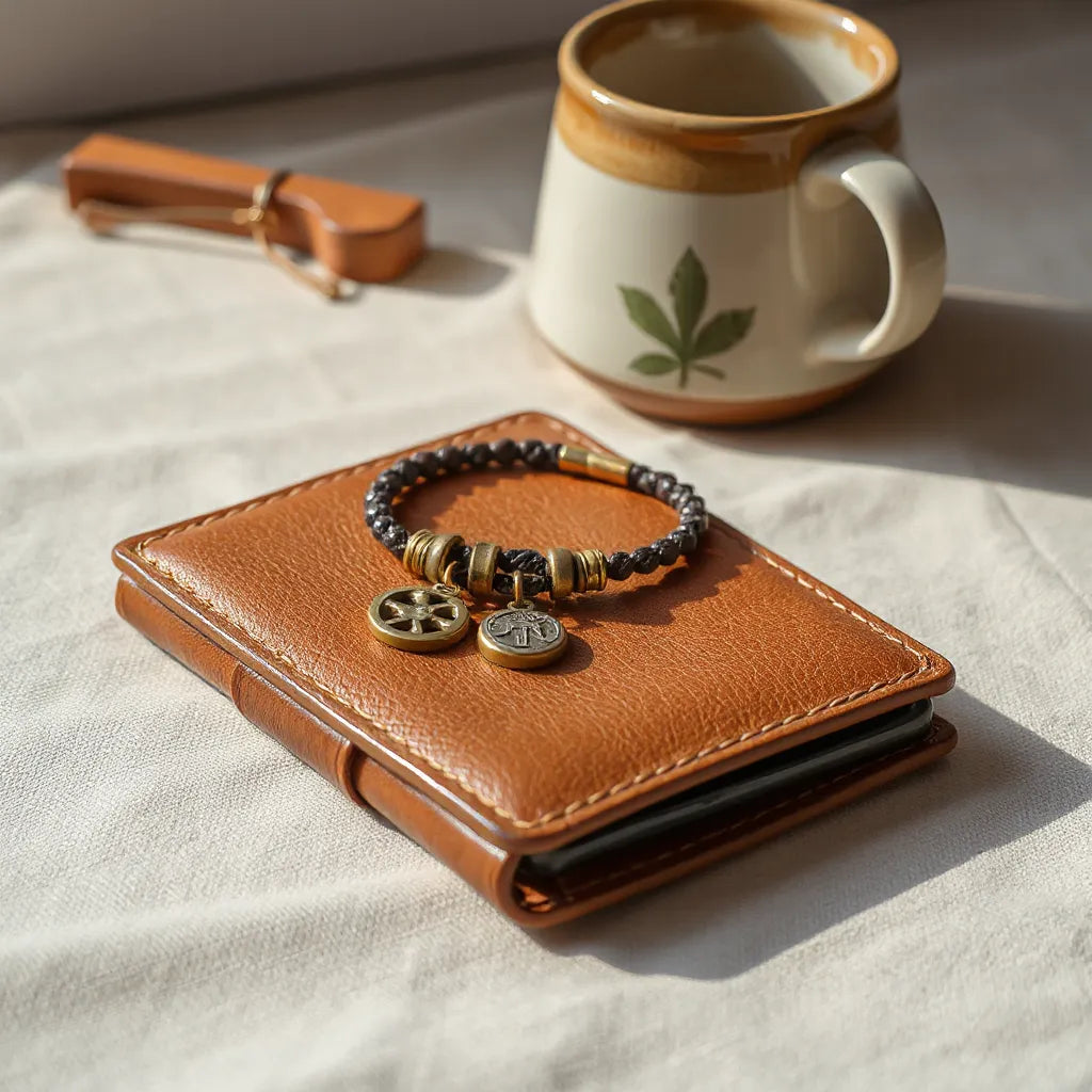 Retro-inspired bracelet with muted charms on a neutral fabric surface
