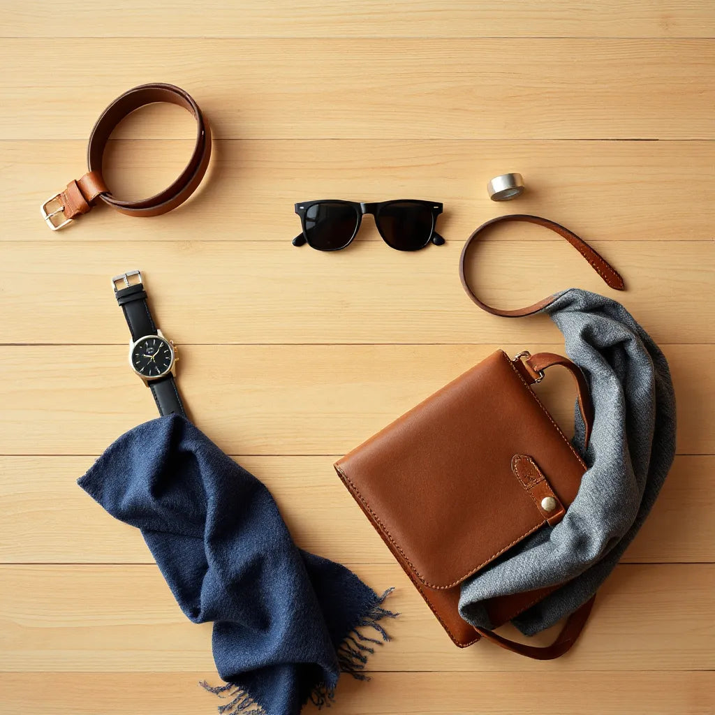 Leather belt, watch, ring, sunglasses, crossbody bag, and scarf arranged neatly on a wood surface