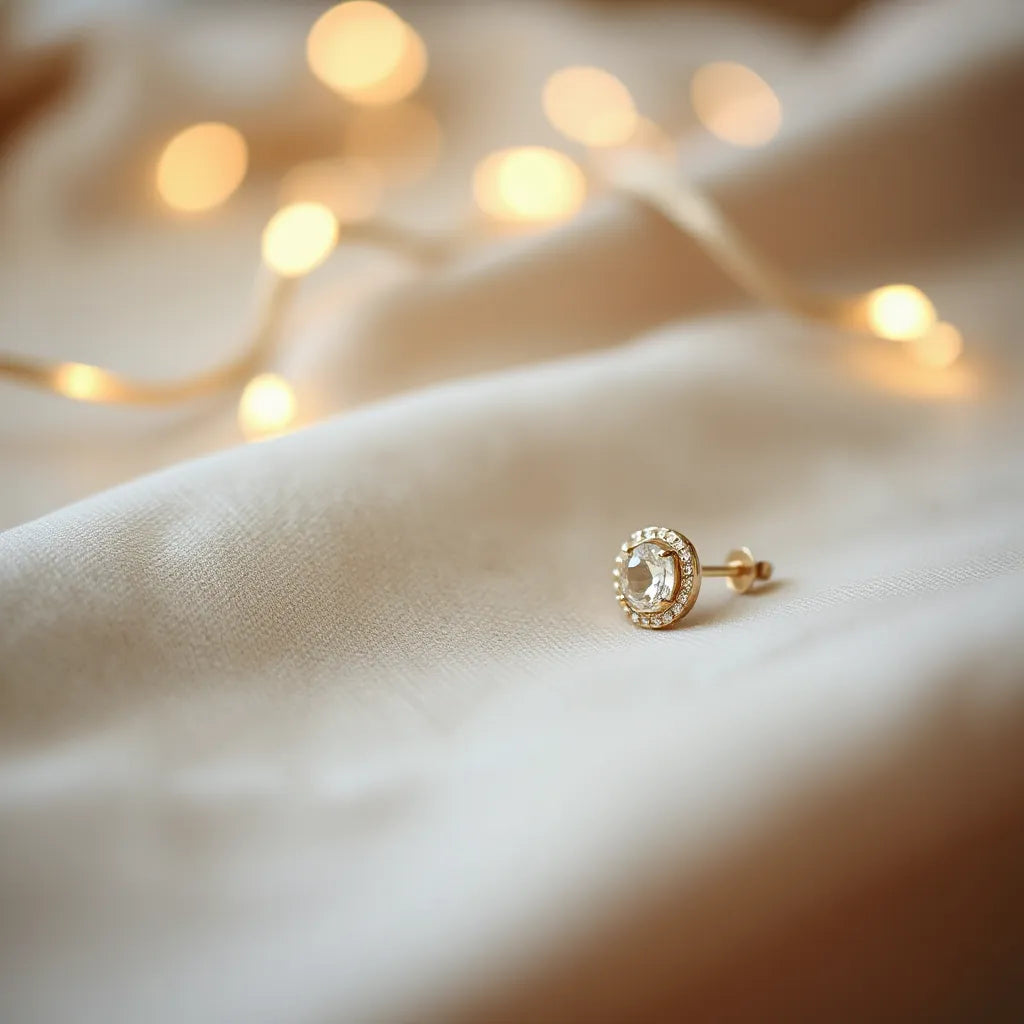 Elegant stud earrings with subtle sparkle on a neutral fabric background with soft bokeh light