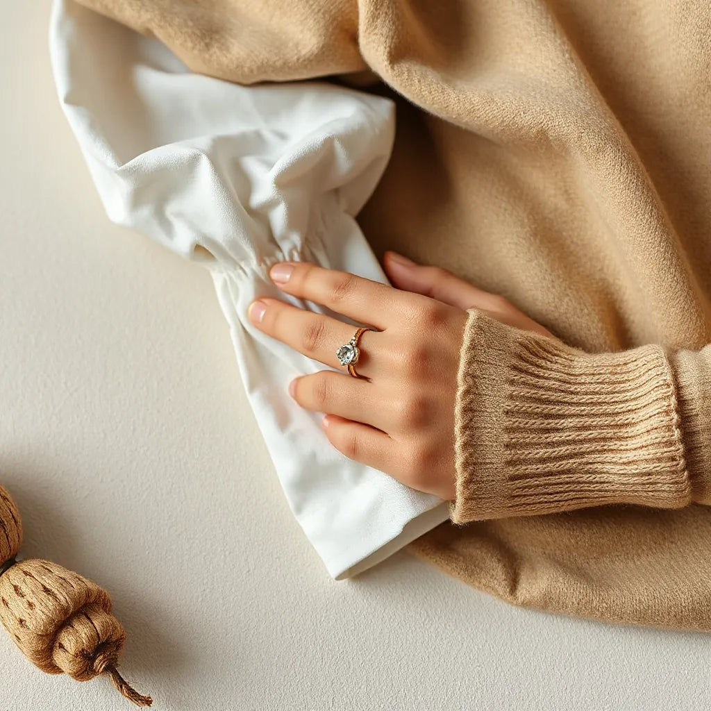 Hand wearing a distinctive personality ring beside a neutral outfit styling set in natural light