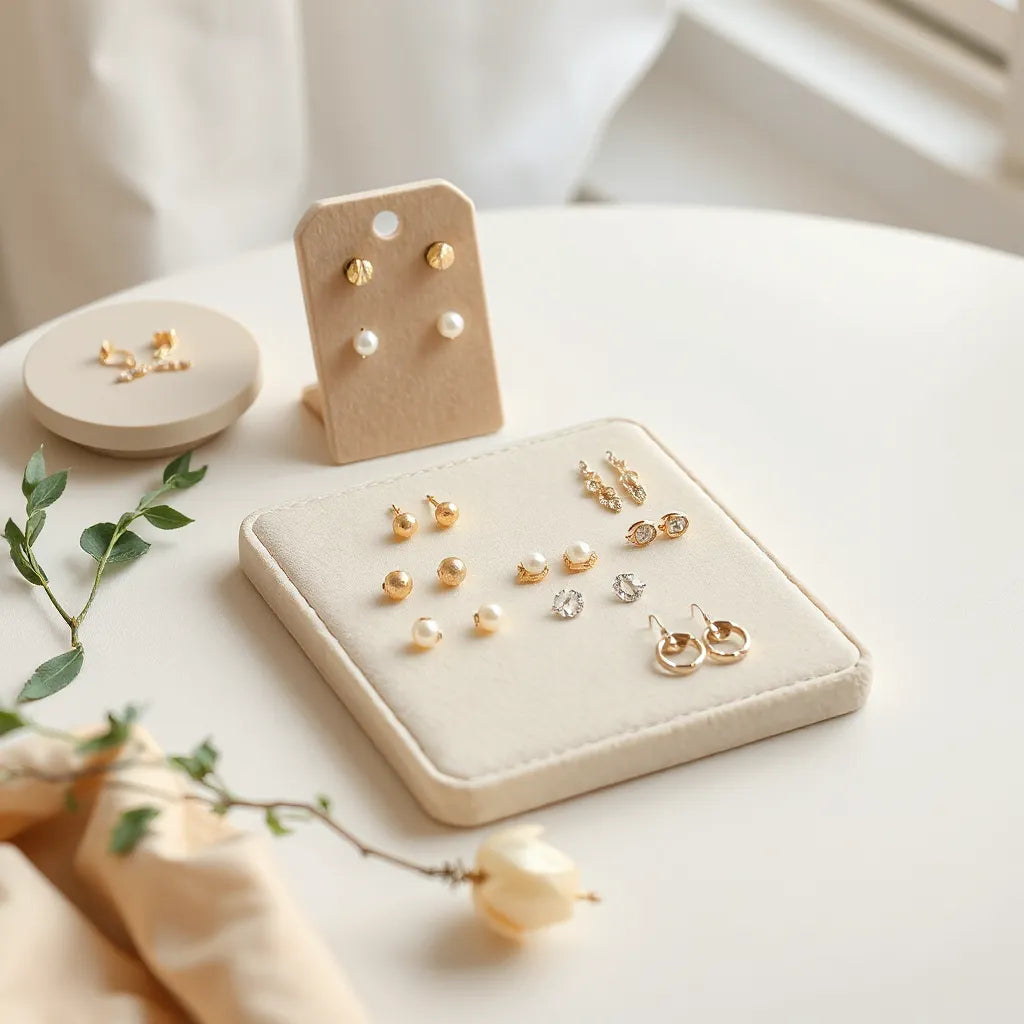 Curated pairings of elegant earrings in gold and pearl tones arranged on a clean tray