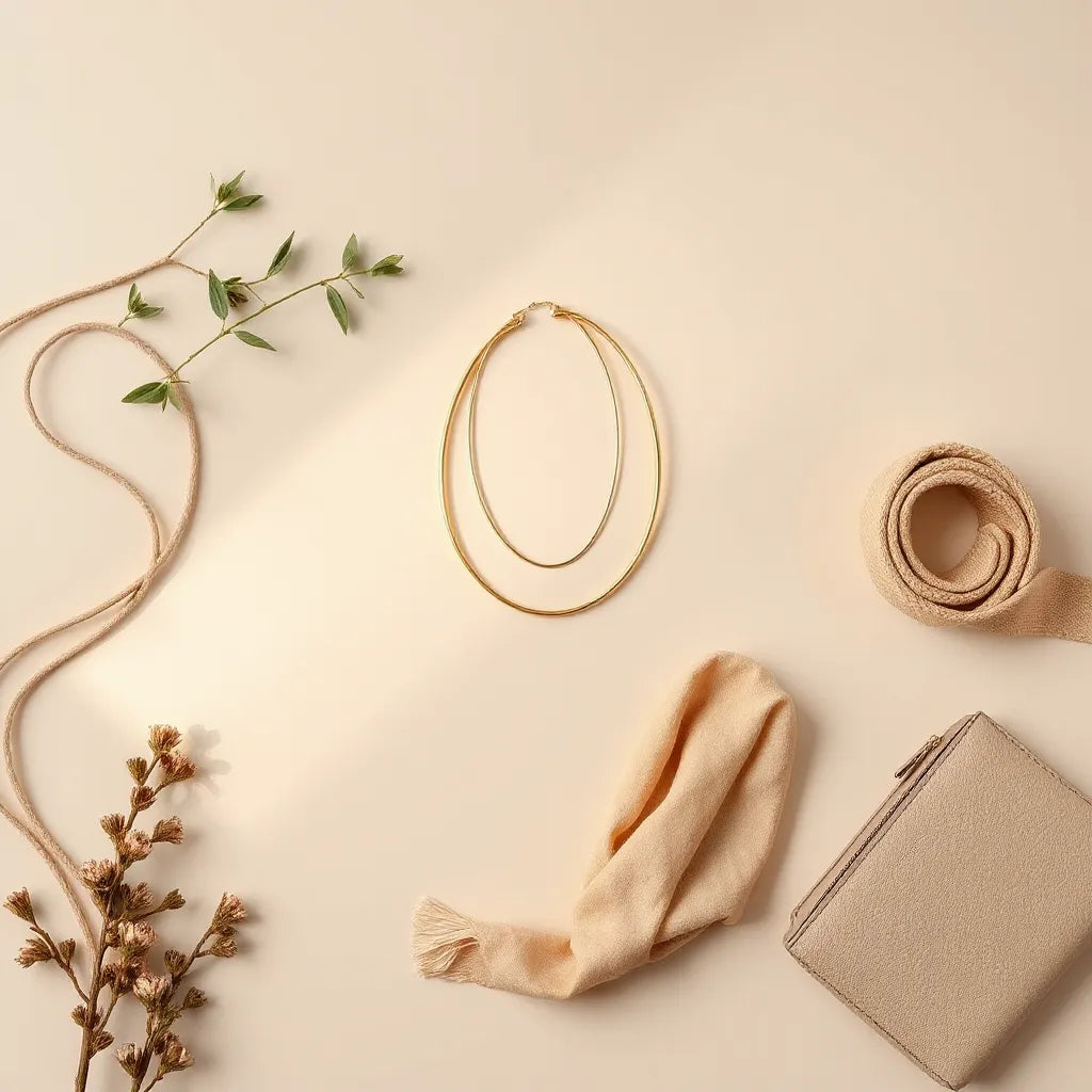 Necklace, hoops, scarf, belt, and small clutch accessories arranged on a neutral background