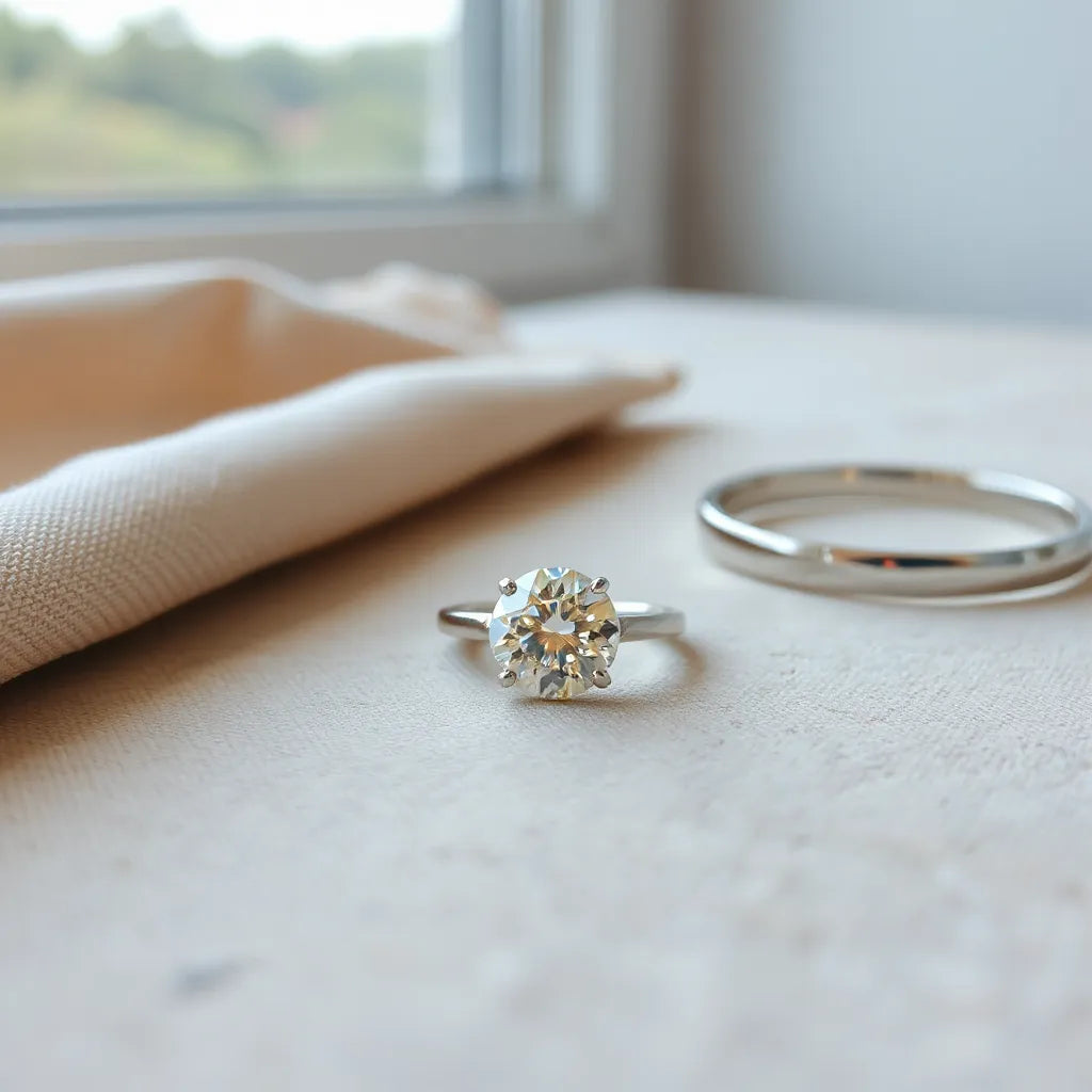 Diamond ring with sparkling facets on neutral fabric under soft natural light