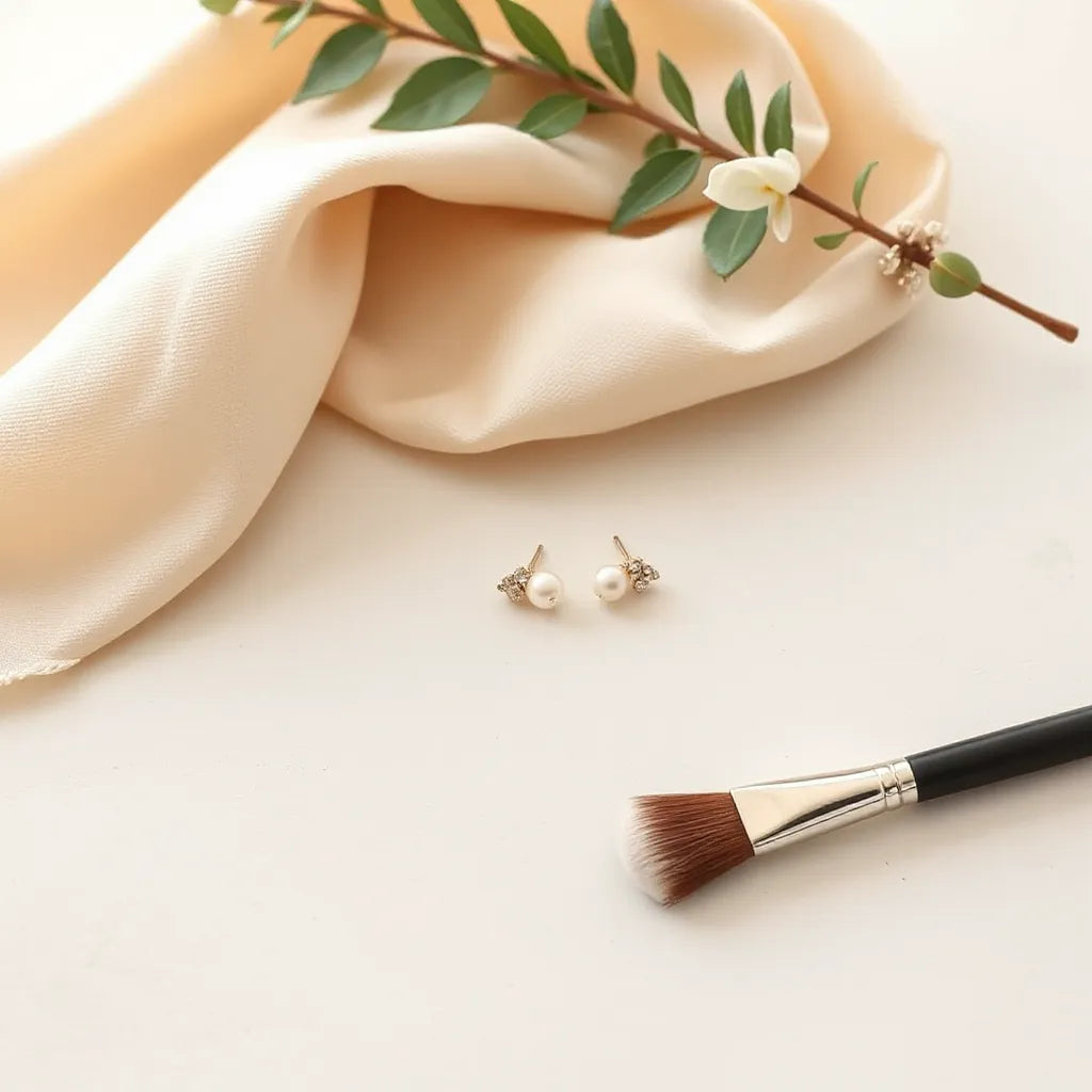 Refined elegant ear clip earrings with subtle stones on a neutral background with a silk scarf