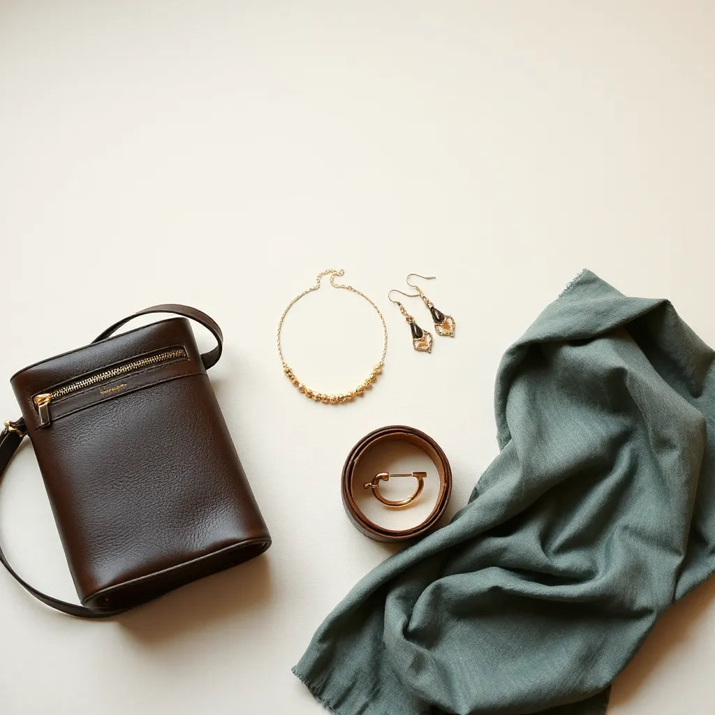 Curated women’s accessories laid out neatly: handbag, jewelry, belt, and scarf on a neutral background