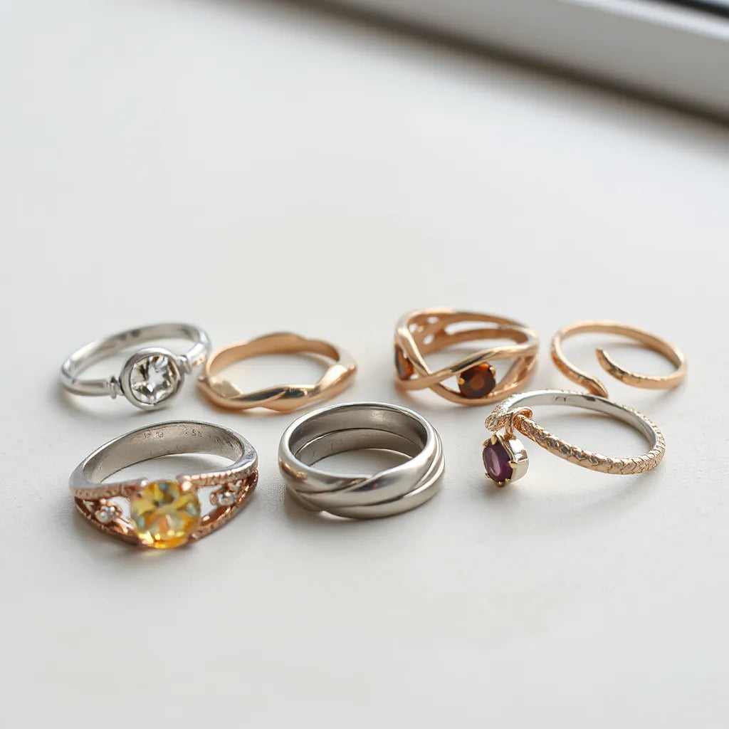 Assorted statement rings with unique designs and subtle gemstone accents in soft natural light