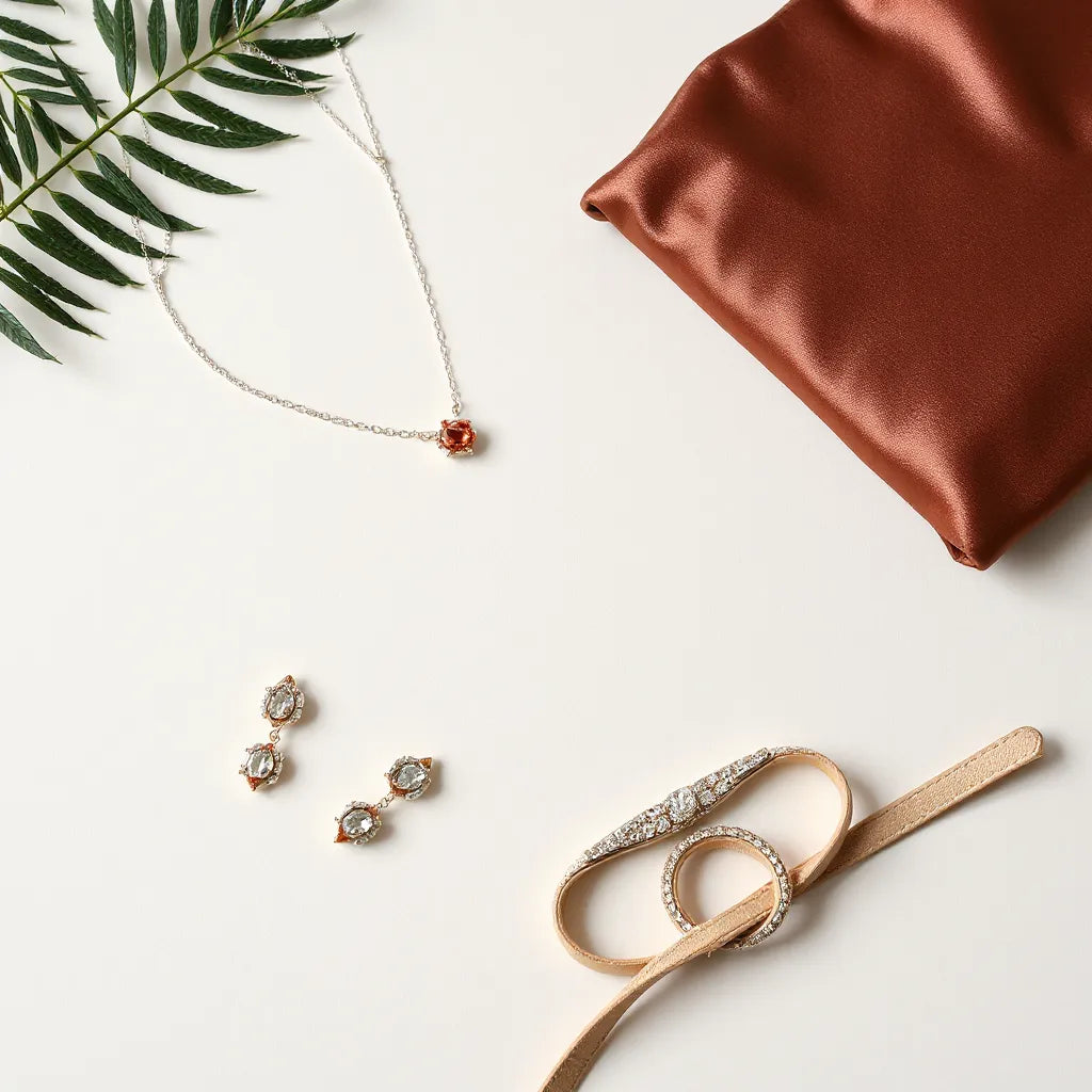 Elegant jewelry and evening accessories arranged on a neutral background for a special occasion look