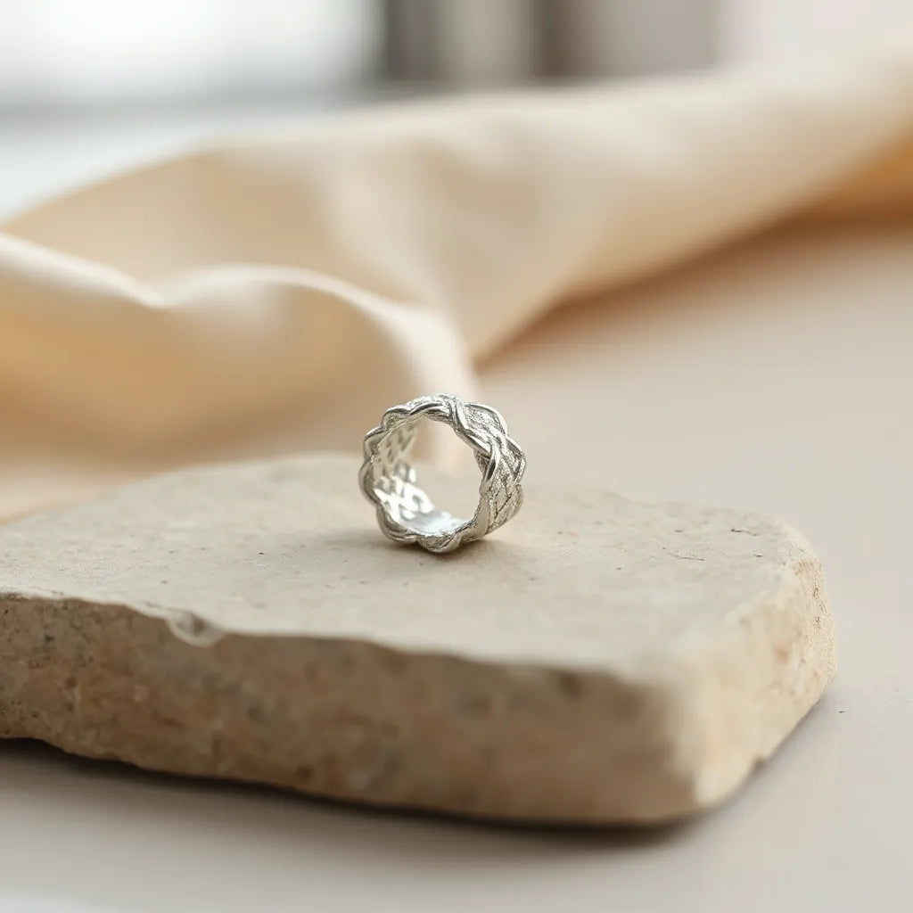 Exquisite woven chain ring with detailed braided texture, lit by soft natural light on a neutral background