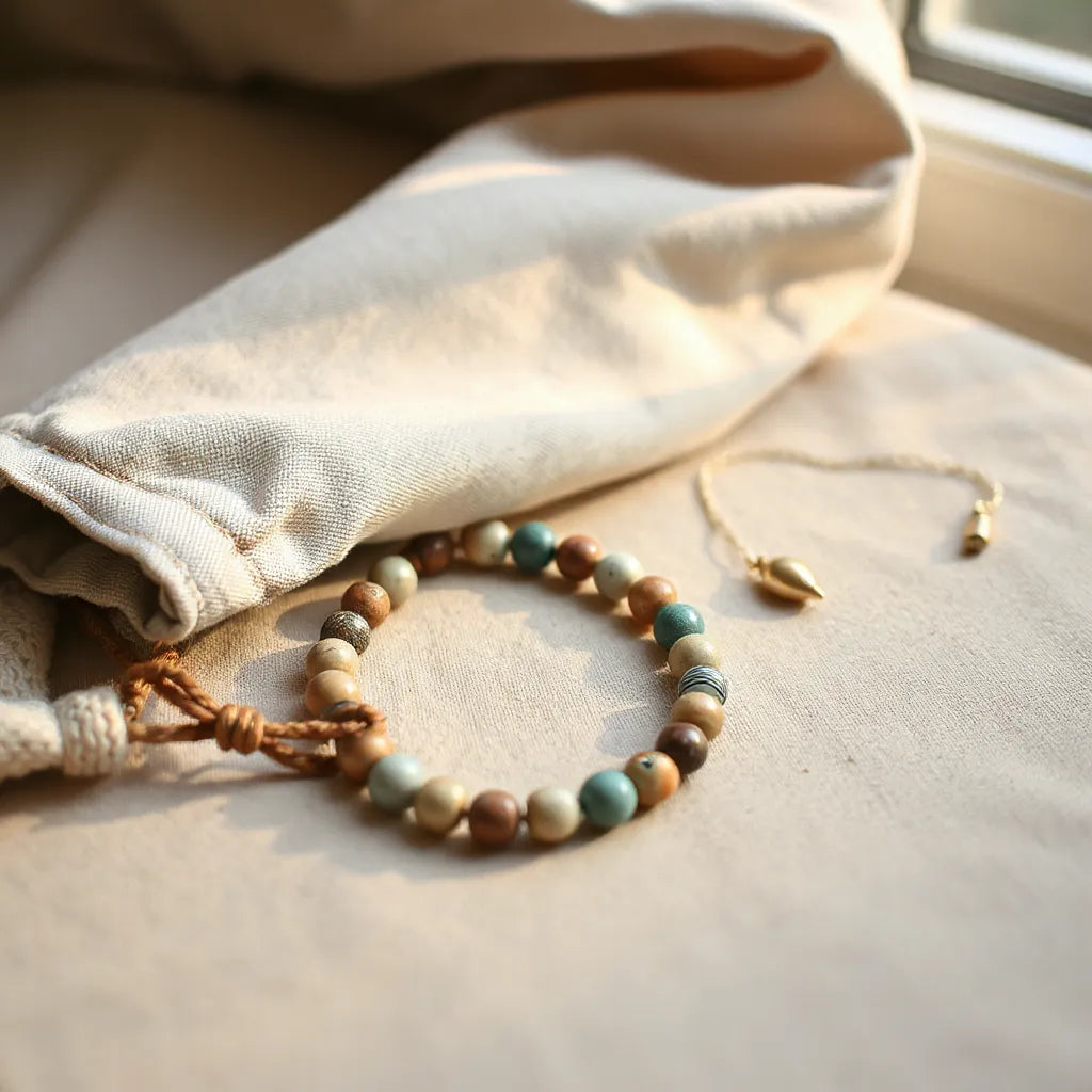 Transfer bead bracelet with detailed beads on a neutral fabric background