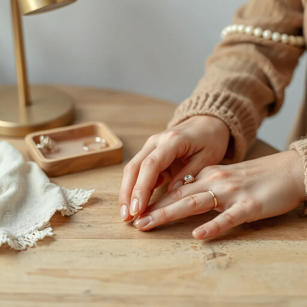Decorative ring on a hand with soft daylight and a minimal jewelry setup in the background