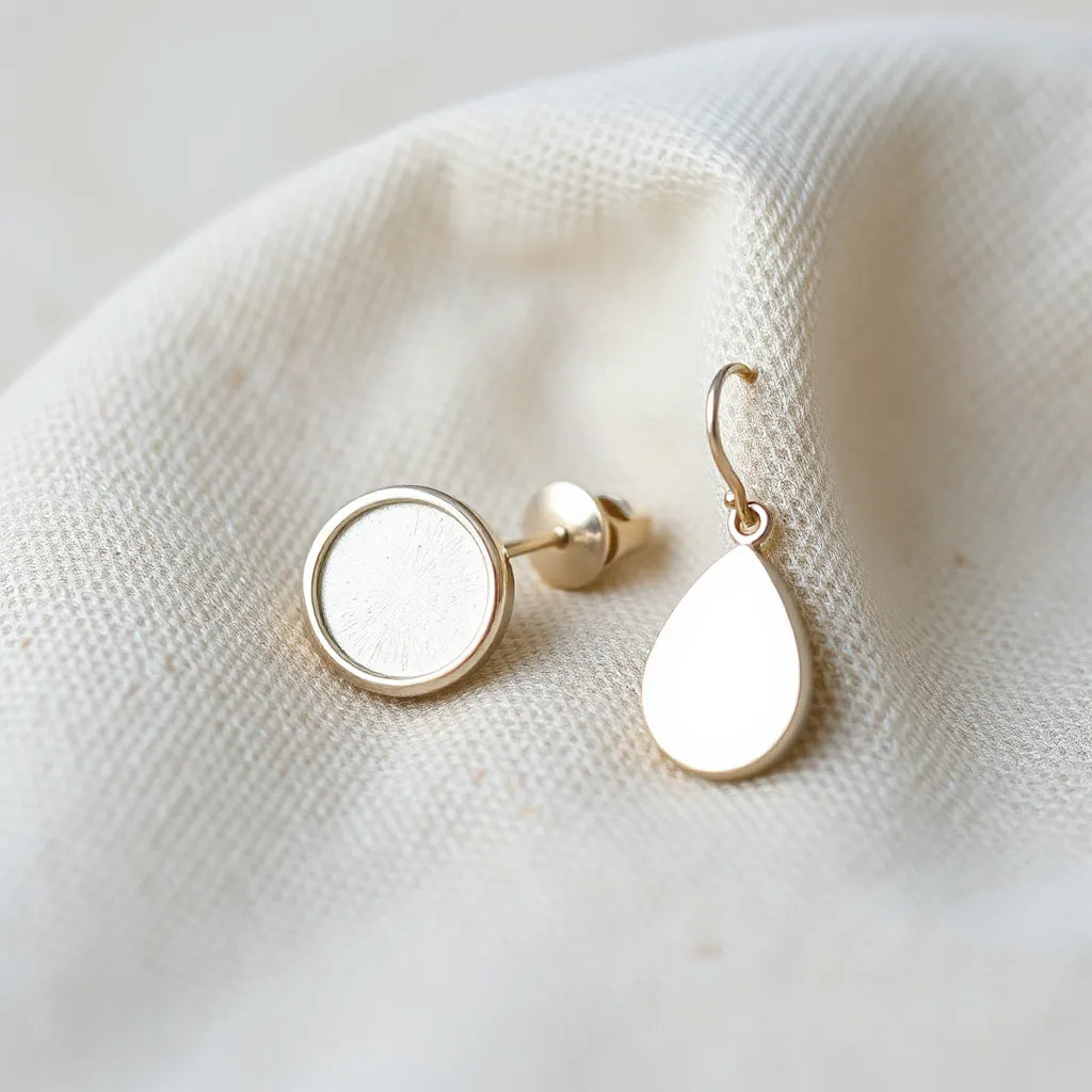 Two polished silver earrings on neutral fabric, showing smooth details and fine metal finish