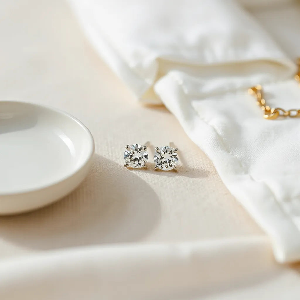 Pair of diamond stud earrings on a neutral surface with soft natural light