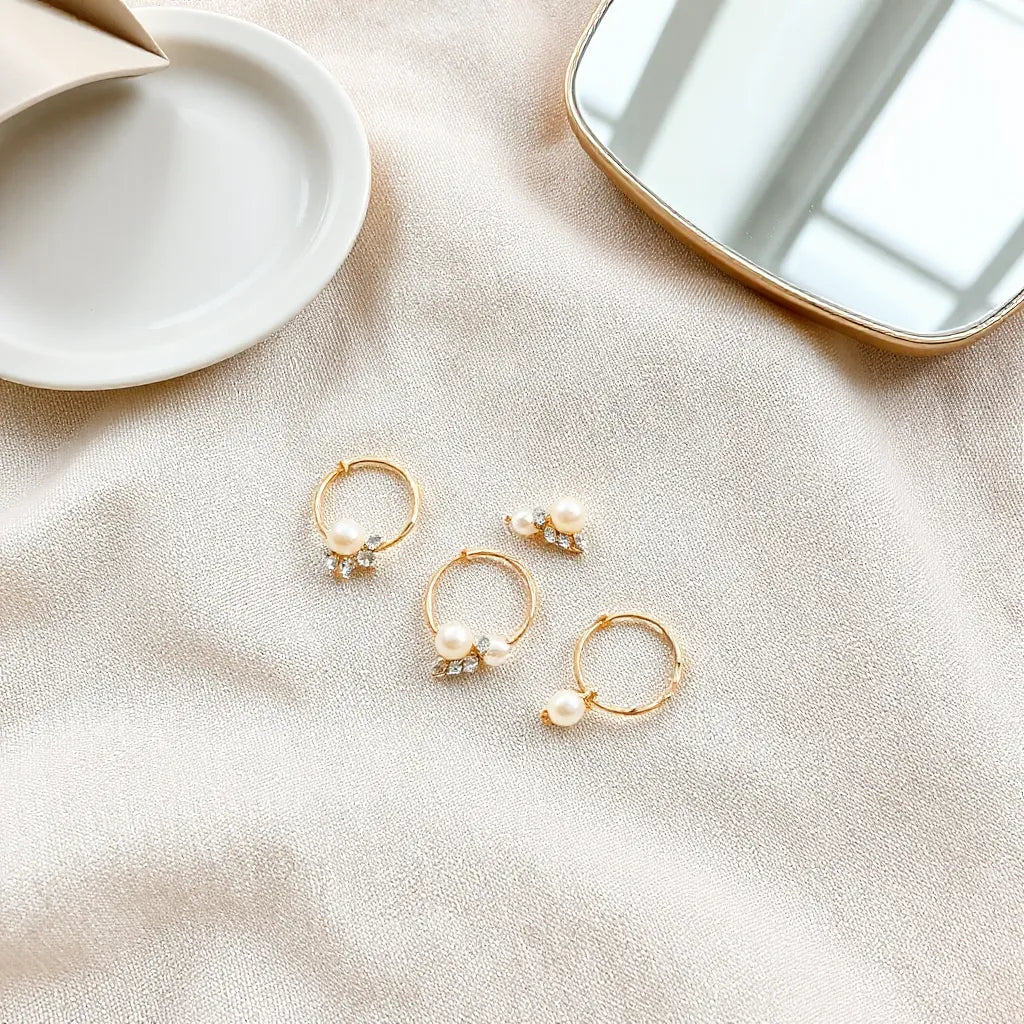 Assorted elegant ear clip accessories with pearl and crystal details on neutral fabric