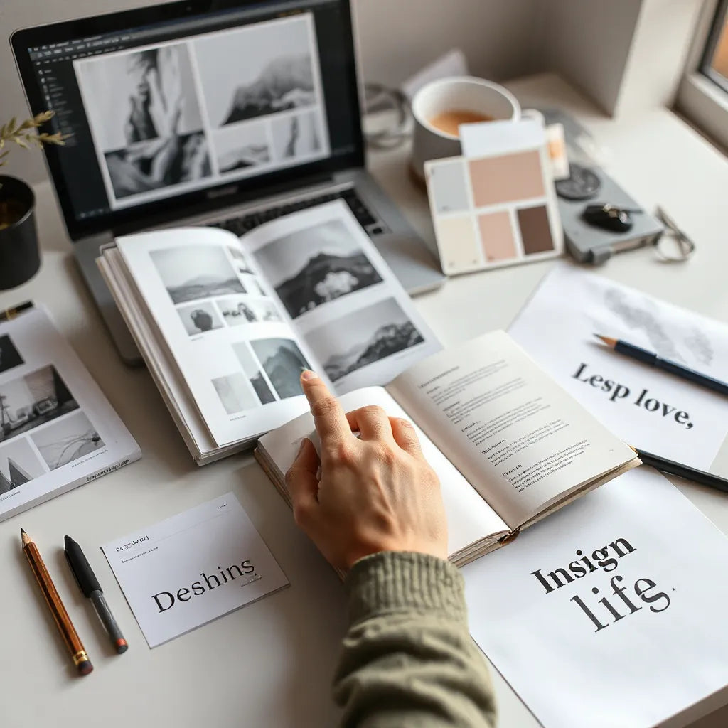 Designer sketching a unique brand layout with color swatches on a clean workspace desk
