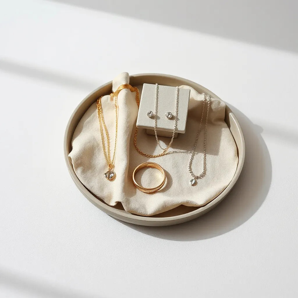 Curated assortment of women’s jewelry including necklaces, earrings, bracelet, and ring on a neutral setup