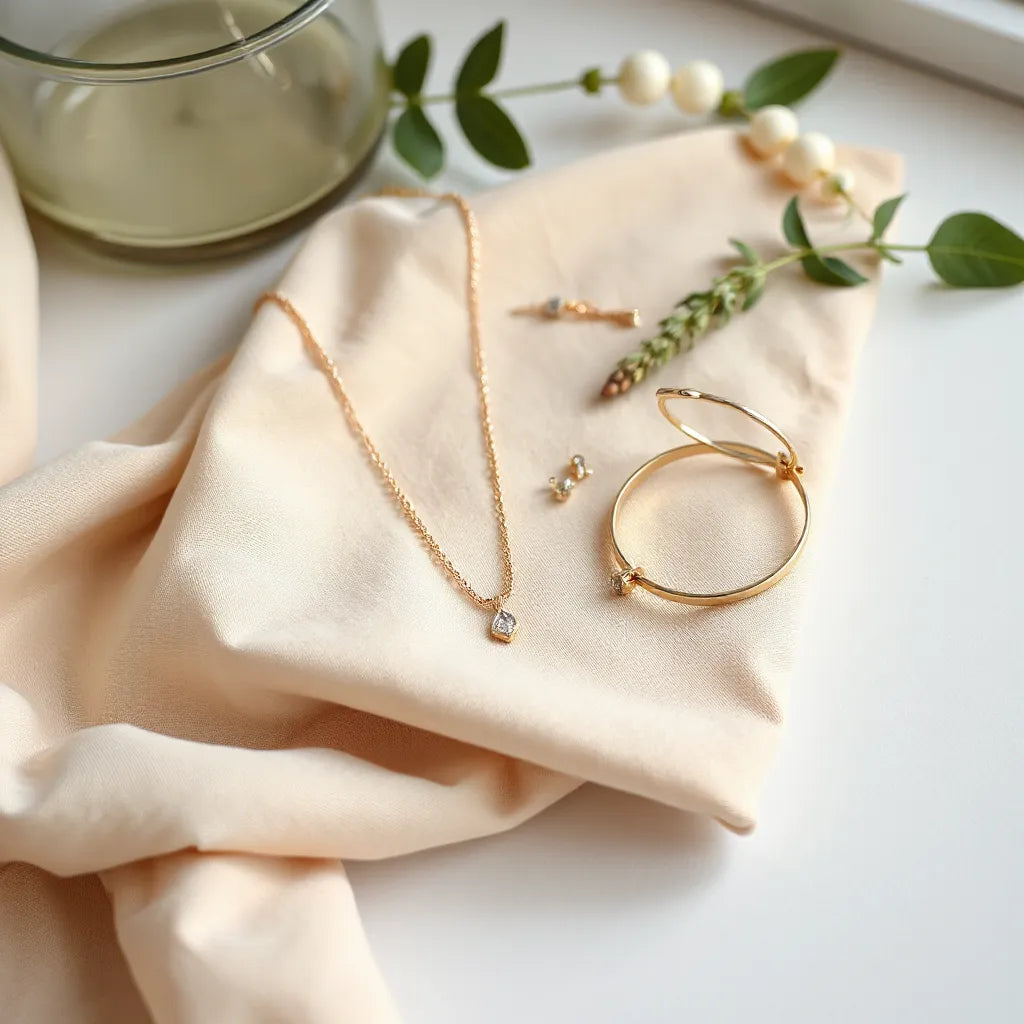 Delicate necklace, stud earrings, and bracelet arranged on soft neutral fabric with subtle sparkle