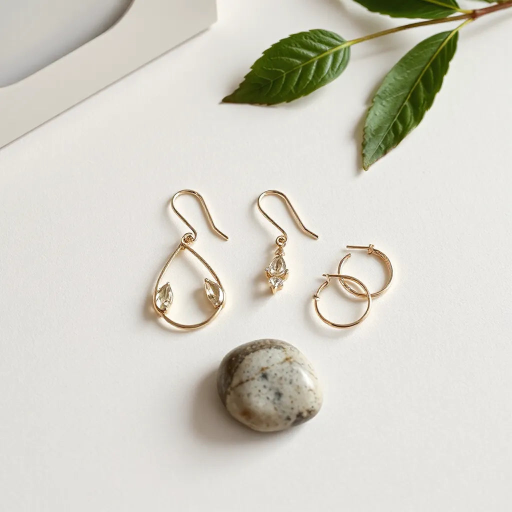 Delicate drop and small hoop European style earrings on a neutral background