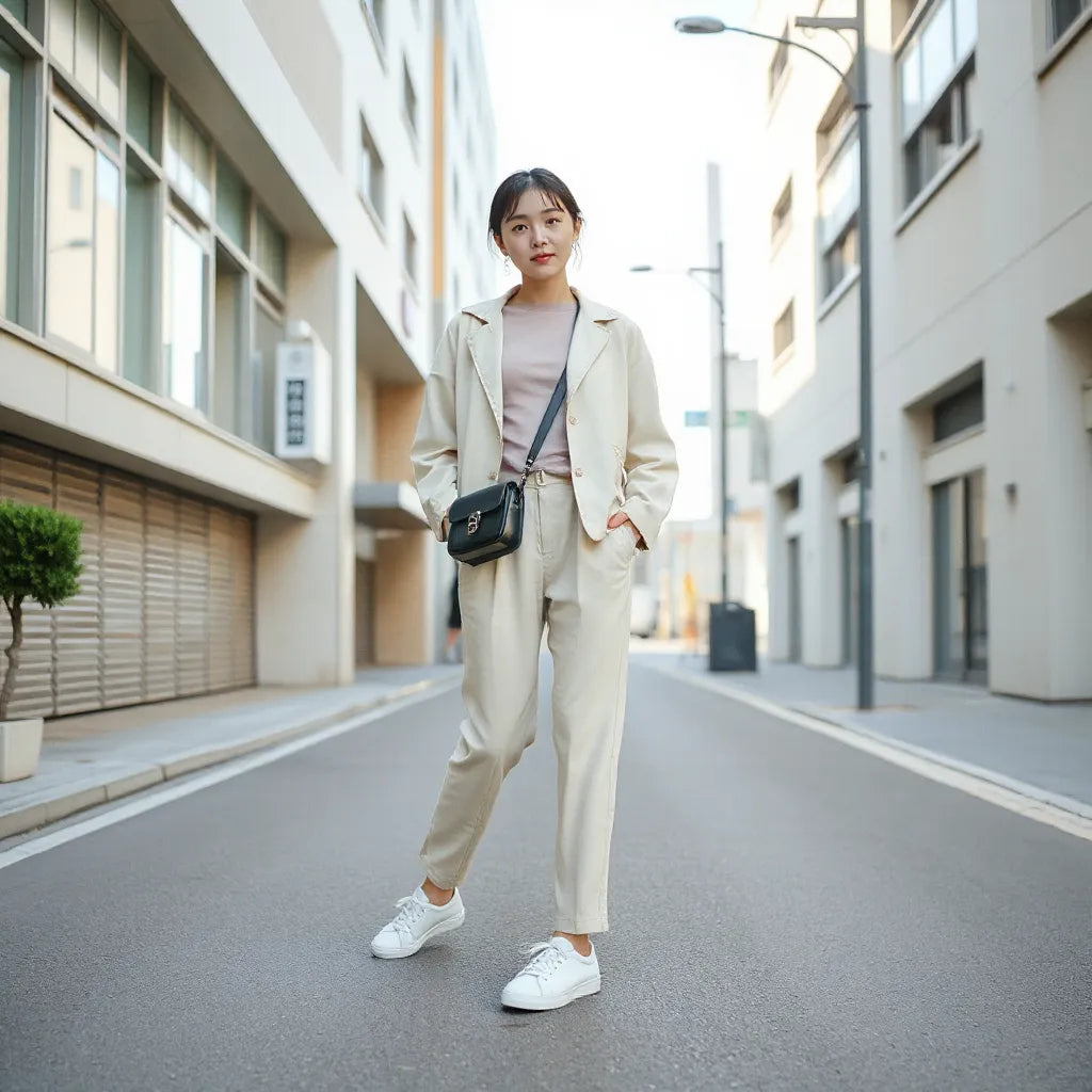 Woman wearing layered Korean-inspired outfit with a crossbody bag on a bright minimalist street