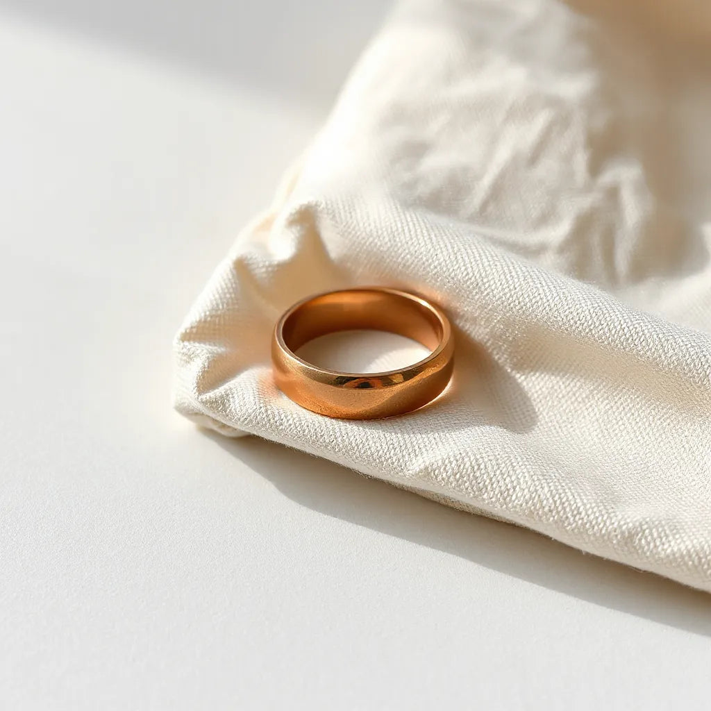 Copper ring on neutral linen fabric under soft natural light