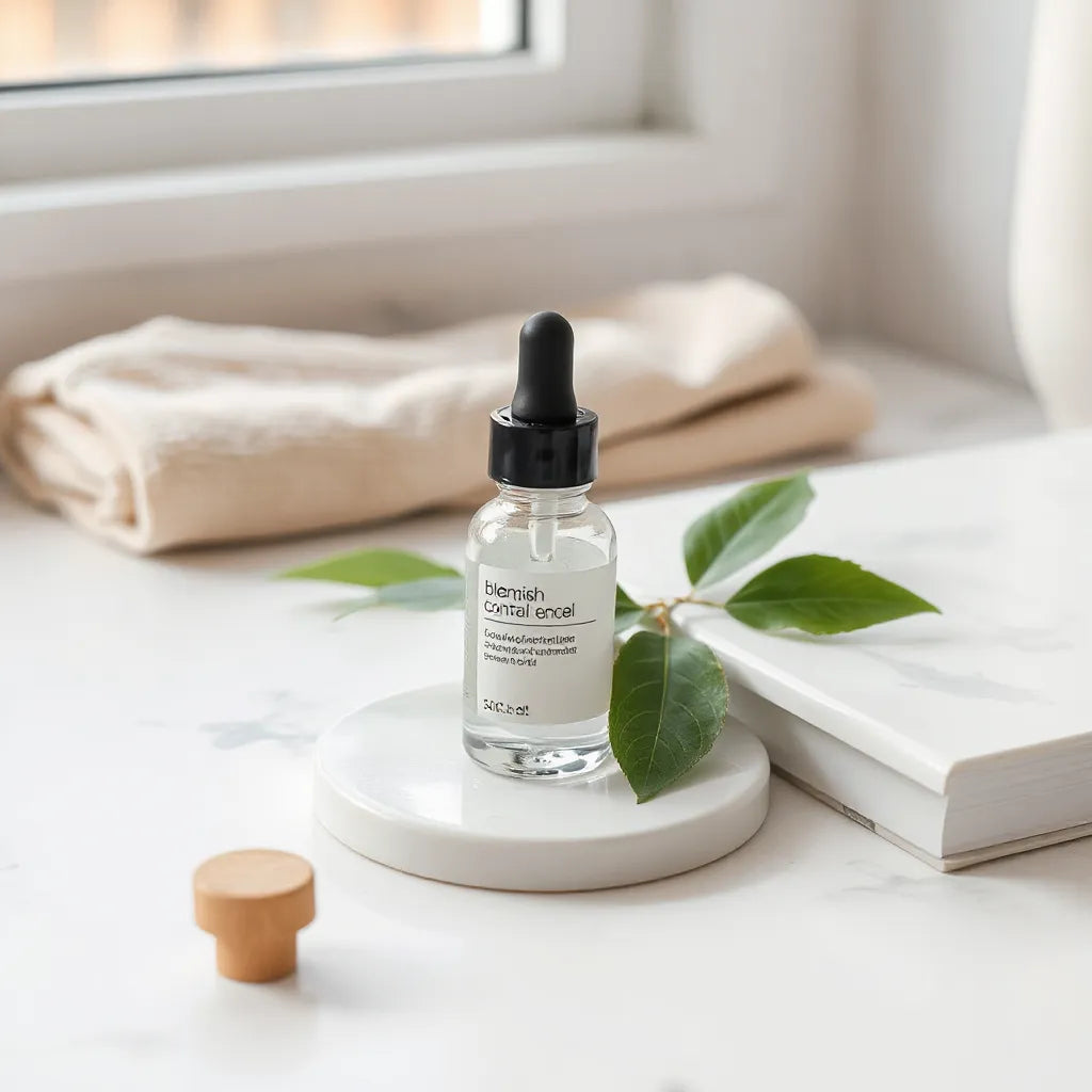 Glass dropper bottle of blemish control serum on a clean surface with soft natural light and minimal skincare props
