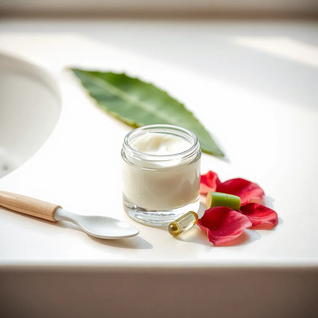 Small jar of cream with skincare spatula and fresh botanical ingredients on a light vanity