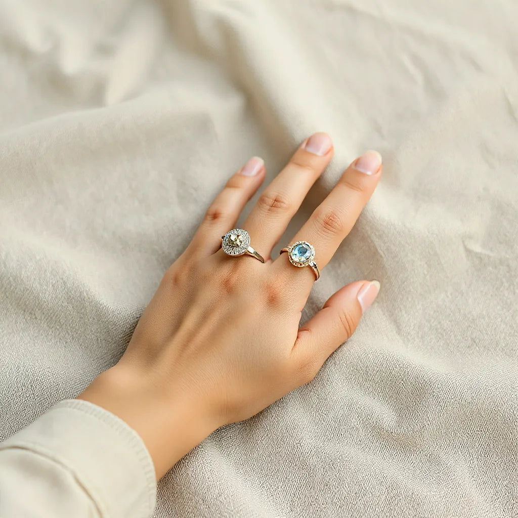 Woman’s hand wearing two distinctive rings with geometric and gemstone designs on a neutral background