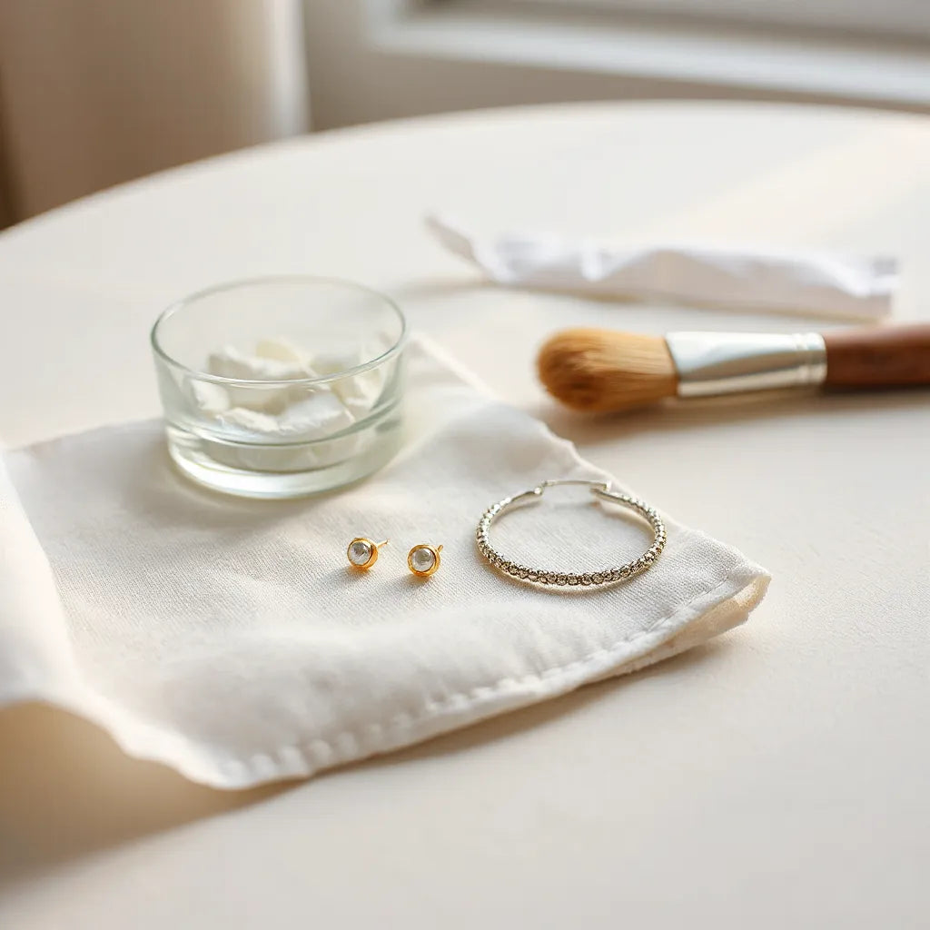 Minimal earrings and bracelet on a soft linen cloth with a gentle polishing tool nearby