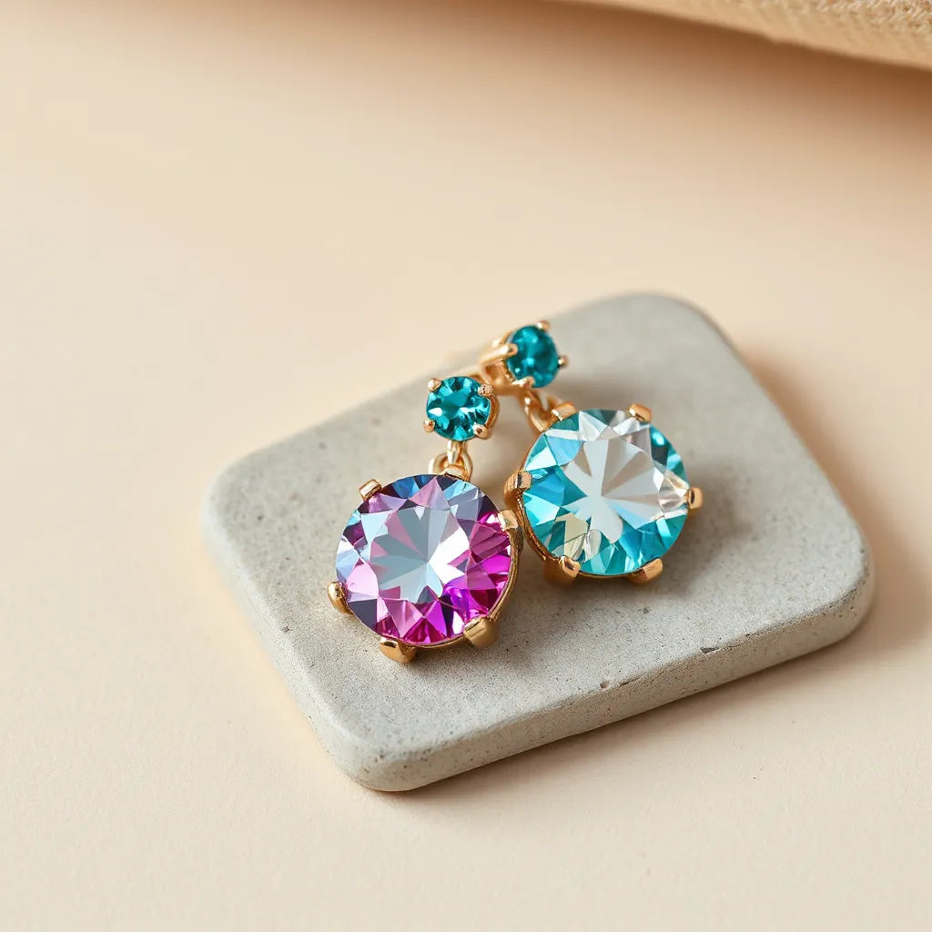 Pair of colorful zirconia earrings with faceted stones in teal, pink, blue, and clear on a neutral background