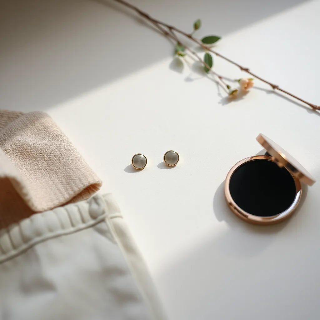 Round button-style earrings on a neutral surface with soft fabric styling