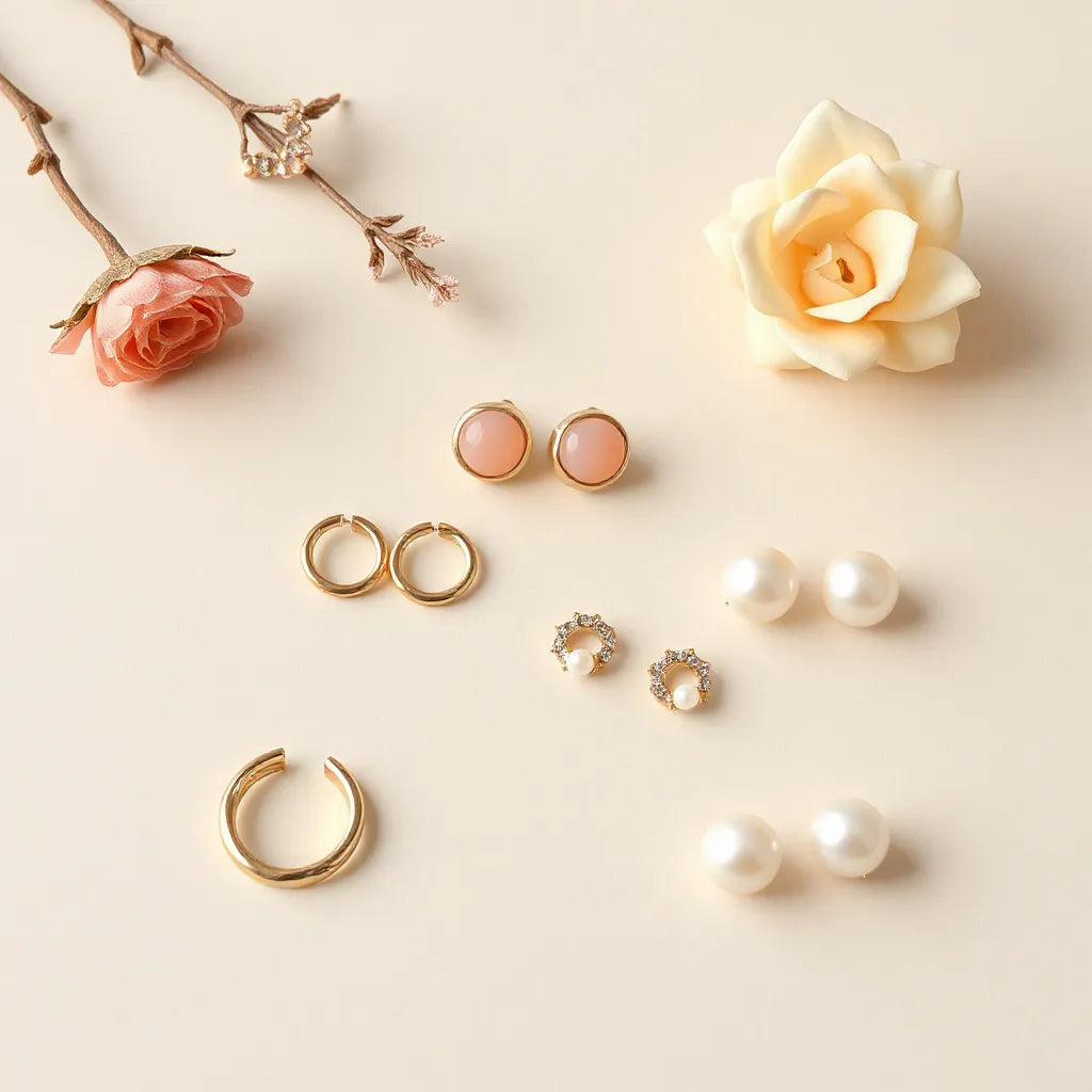 Assorted clip-on earrings for women in gold and pearl tones arranged neatly on a neutral background