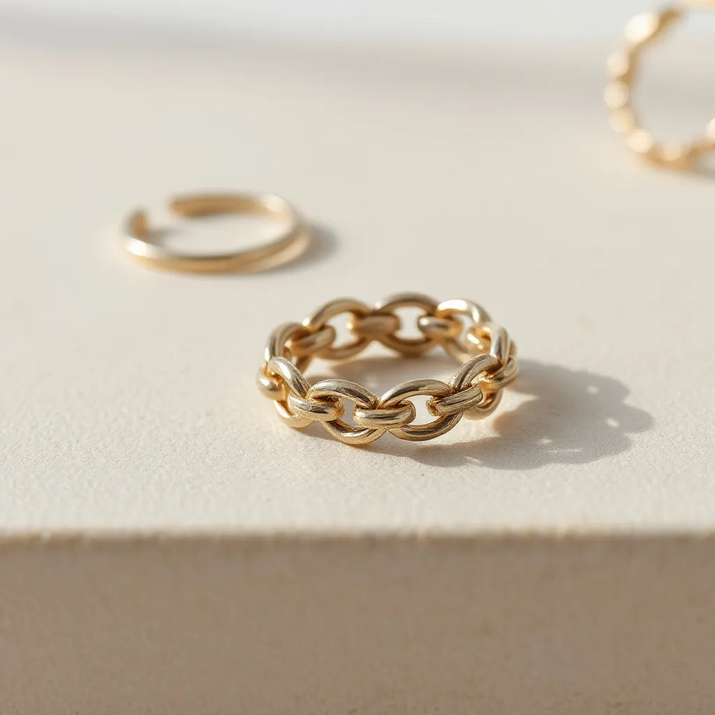 Woven chain ring with detailed metal texture on a neutral background, softly lit with a minimal blurred accessory