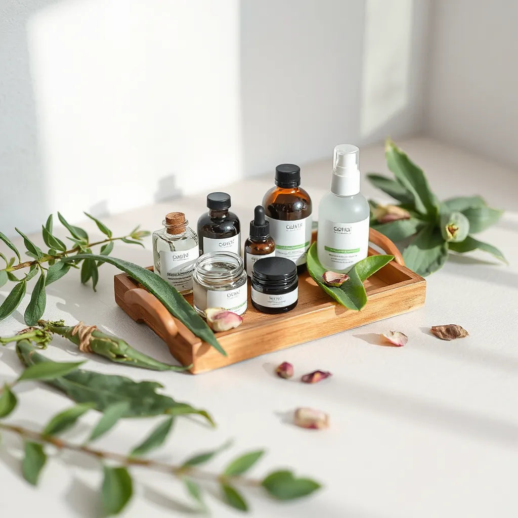 Natural skincare containers with botanicals like aloe and rose petals on a light wood tray