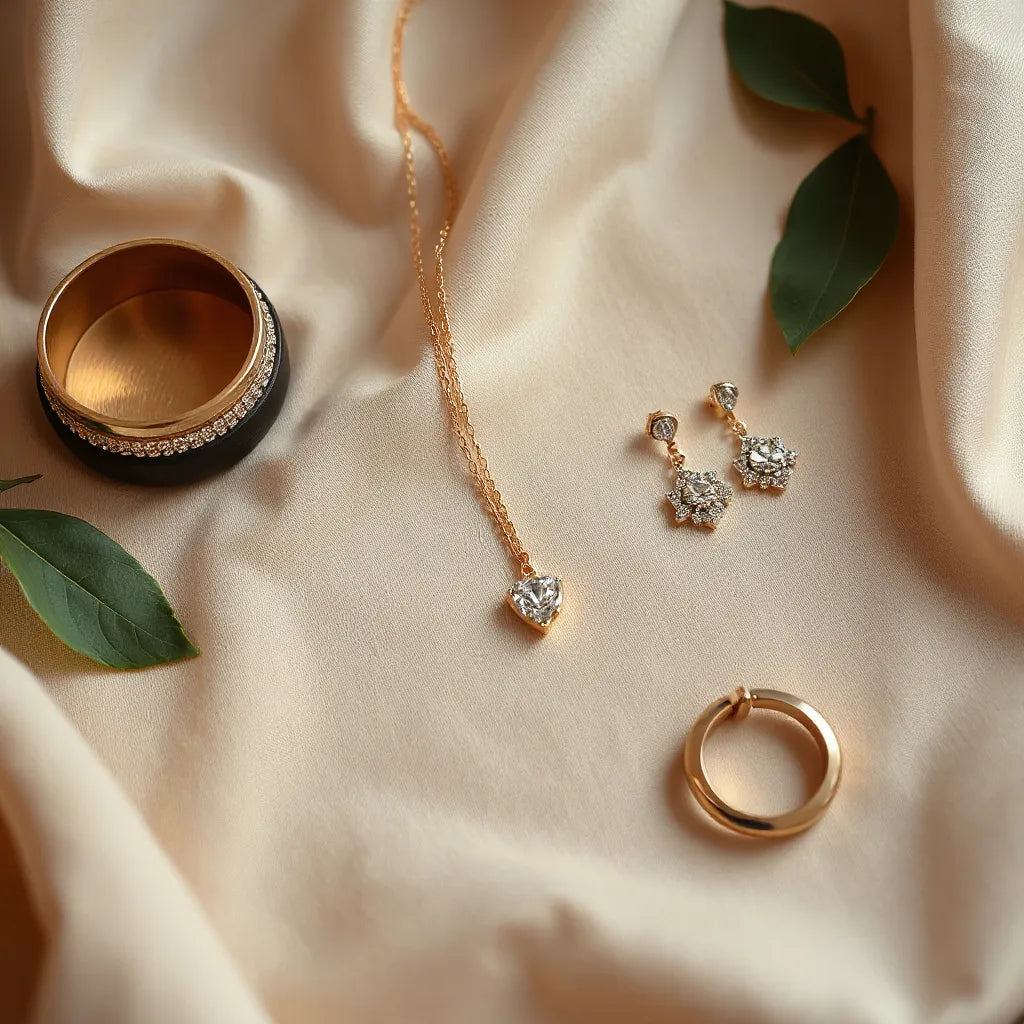 Elegant necklace, earrings, bracelet, and ring arranged on neutral fabric under warm studio light