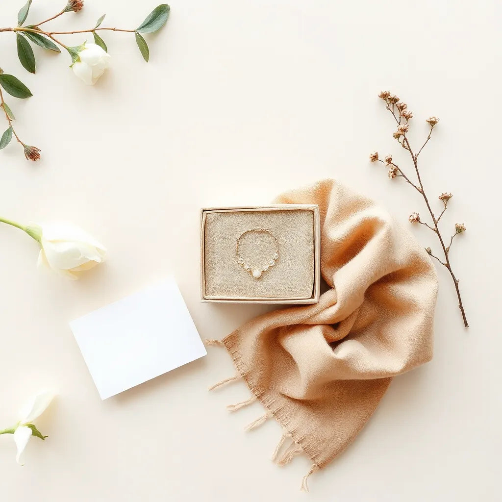 Elegant gift set for a woman with jewelry, scarf, and a blank card on a neutral background