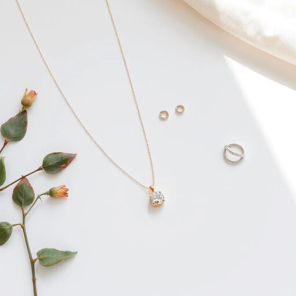 Curated set of women’s jewelry with necklace, earrings, bracelet, and ring on a neutral surface