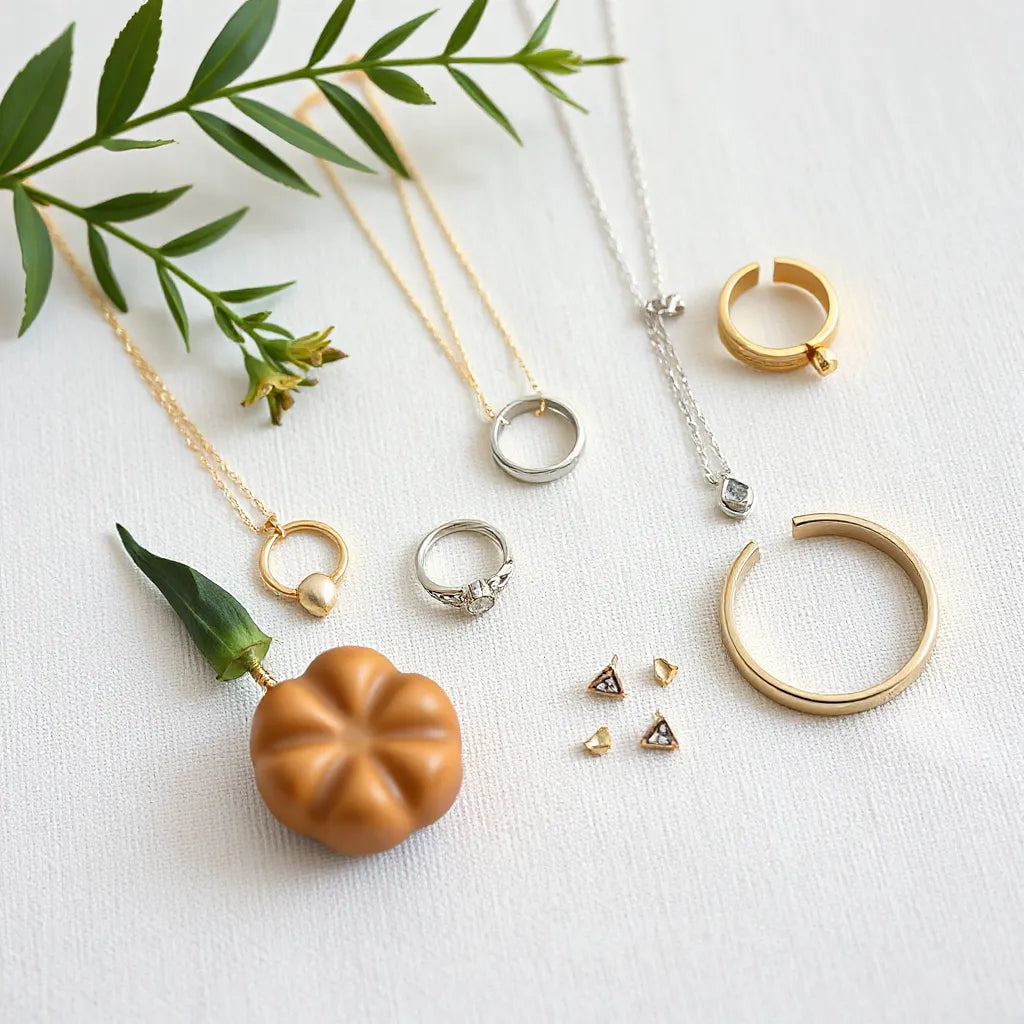 Contemporary jewelry collection featuring layered necklaces, rings, and earrings on a neutral fabric background.