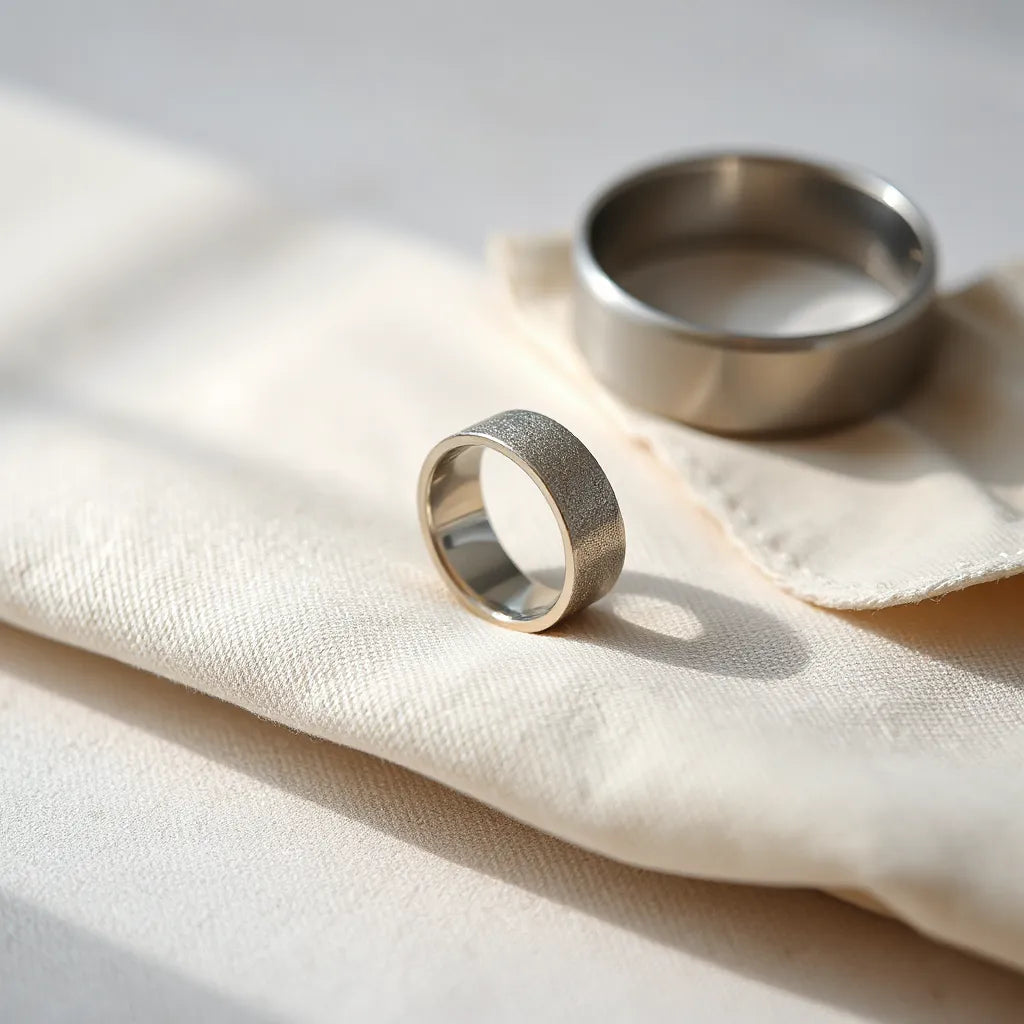 Silver plated copper ring with a subtle shine on neutral fabric under soft natural light